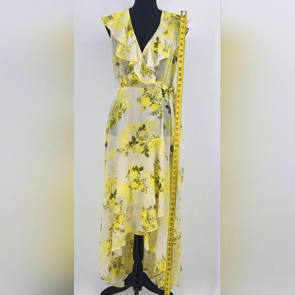 Calvin Klein Sheer Maxi Dress Size 6 Yellow Floral Chiffon High Low Faux Wrap - Picture 8 of 10